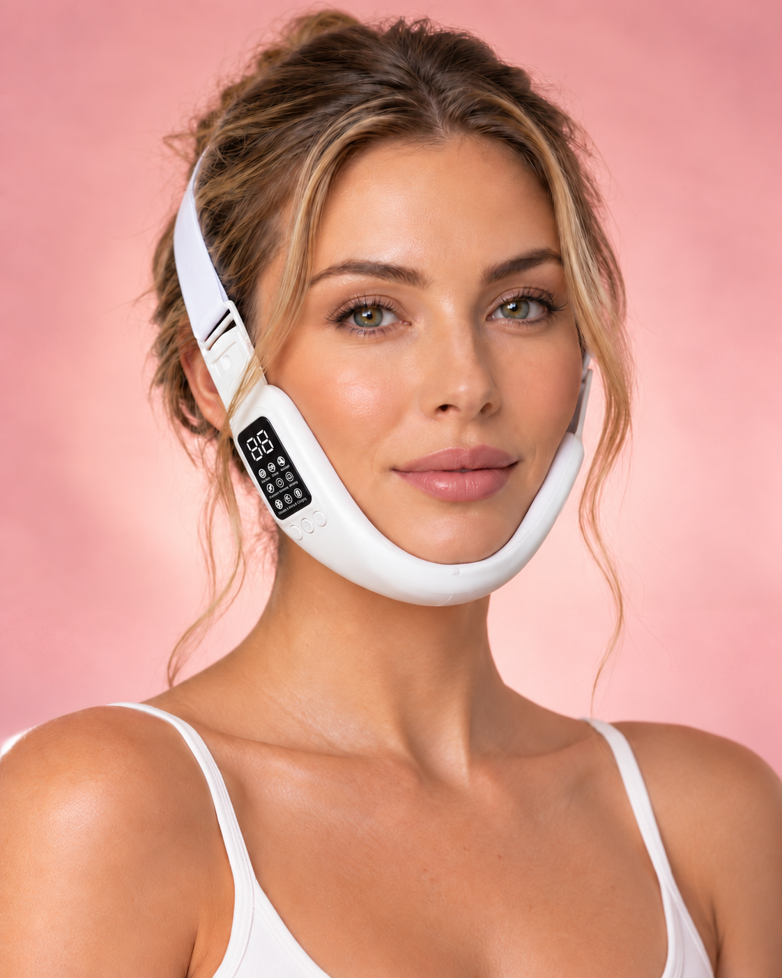 Woman wearing the white SunGlow facial device around her jawline