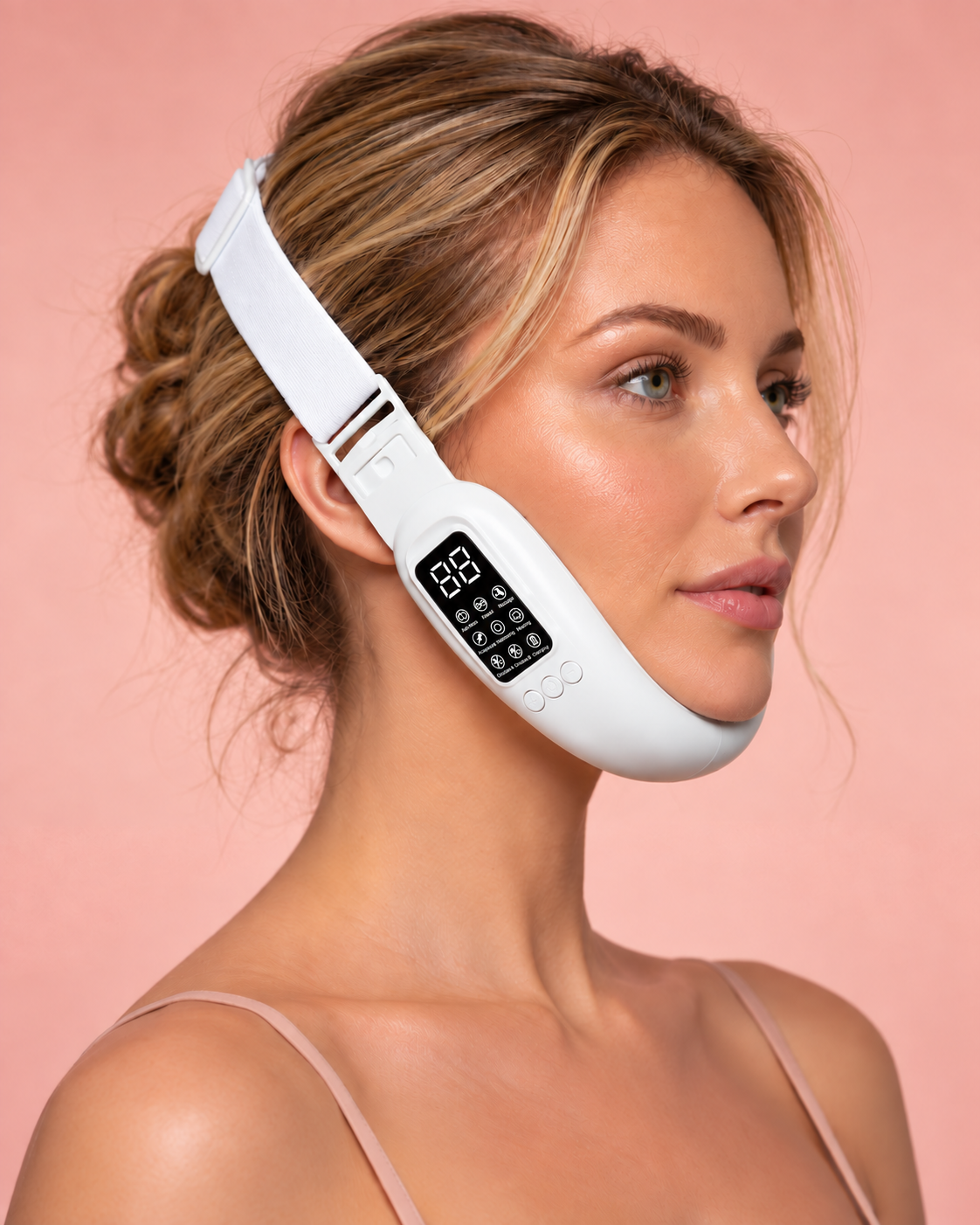 Side view of the white jawline device fitted around the face